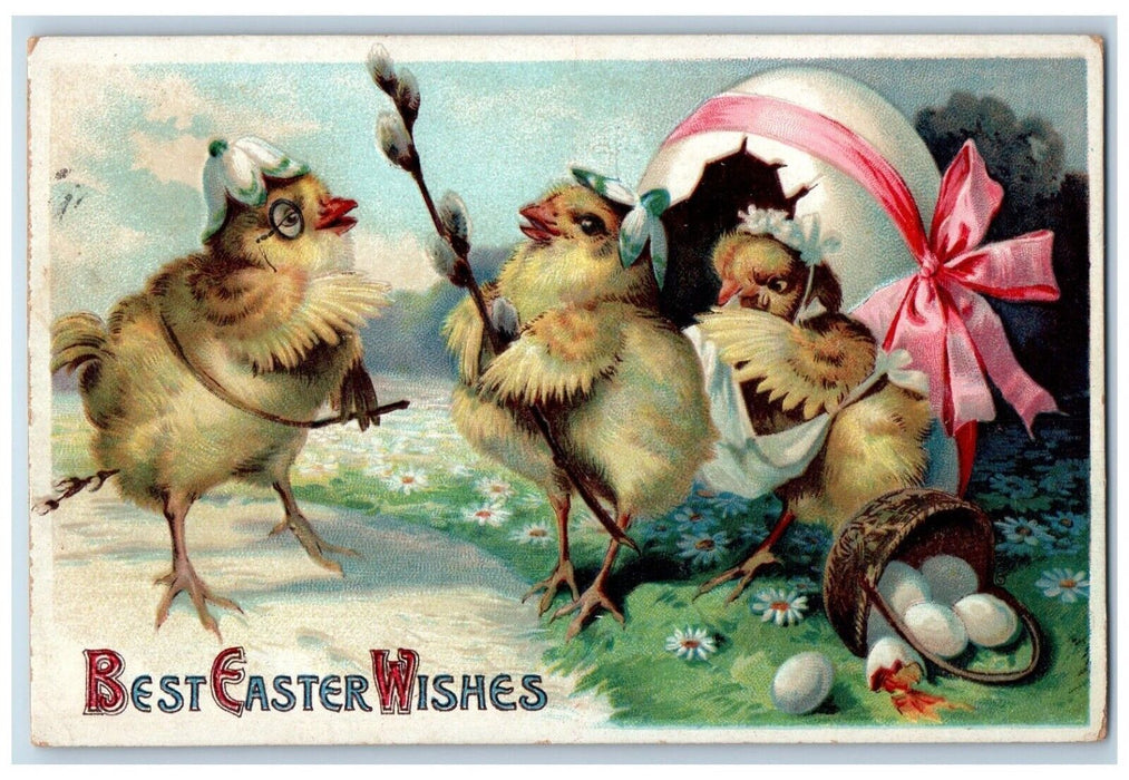 1912 Easter Wishes Anthropomorphic Chicks Hatched Egg Pipe Berry Posted Postcard