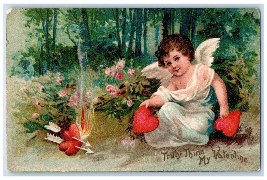 1908 Valentine Angel Hearts Burning Flowers Clapsaddle Embossed Antique Postcard