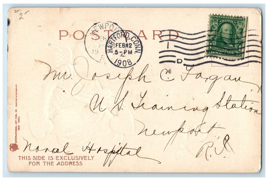 1908 Valentine Angel Hearts Burning Flowers Clapsaddle Embossed Antique Postcard