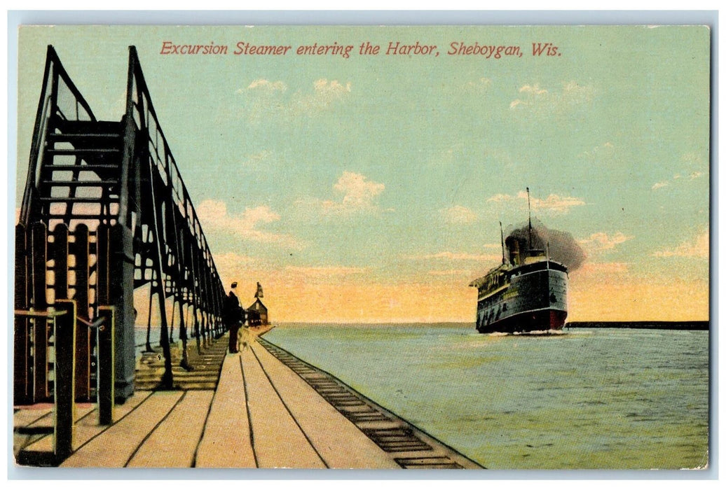 c1950's Excursion Steamer Entering Harbor Ship Smokestacks Sheboygan WI Postcard