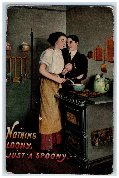 1913 Couple Creepy Romance Cooking At The Kitchen New York NY Antique Postcard