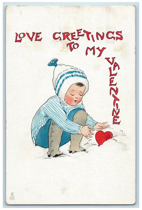 1913 Valentine Greetings Boy Heart Winter Saratoga Springs NY Tuck's Postcard