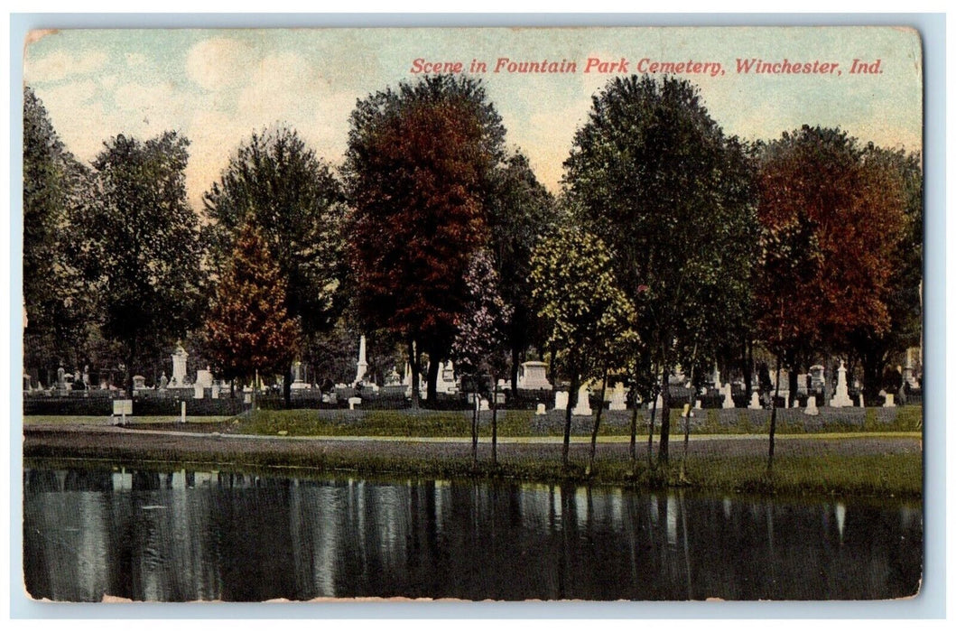 1910 Scene Fountain Park Cemetery River Lake Winchester Indiana Vintage Postcard