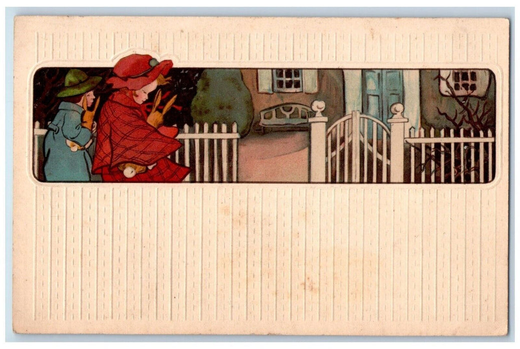 c1910's Easter Womens With Rabbits Entering House Embossed Antique Postcard