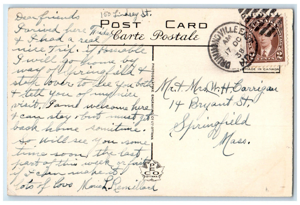 1938 Manoir Drummond Drummondville Quebec Canada Vintage Posted Postcard