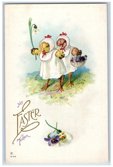 c1910's Easter Anthropomorphic Chicks Lily Flowers Pansy Embossed Postcard