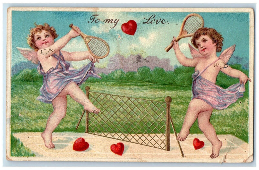 1911 Valentine Angel Playing Tennis Hearts Embossed South Norwalk CT Postcard