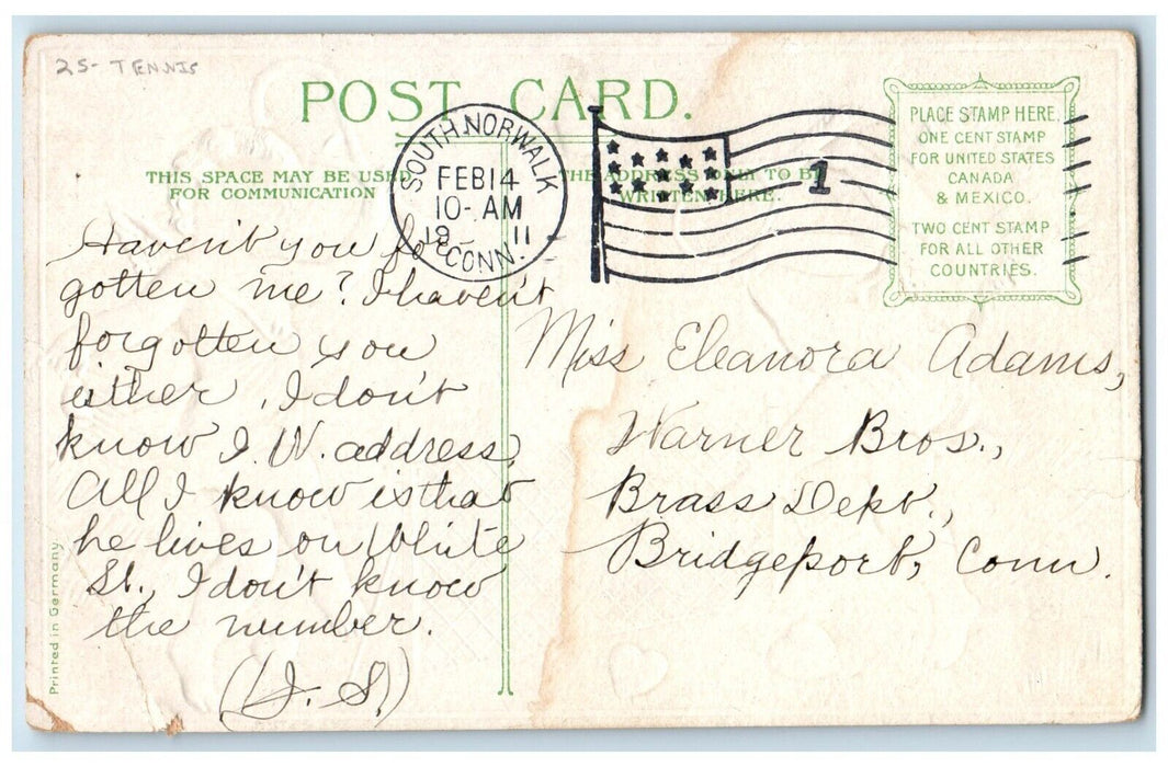 1911 Valentine Angel Playing Tennis Hearts Embossed South Norwalk CT Postcard