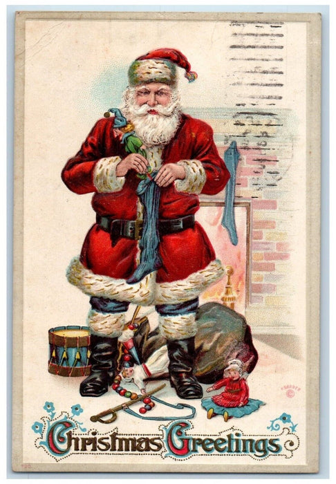 Christmas Greetings Santa Claus Putting Toys On Socks Blairsville PA Postcard