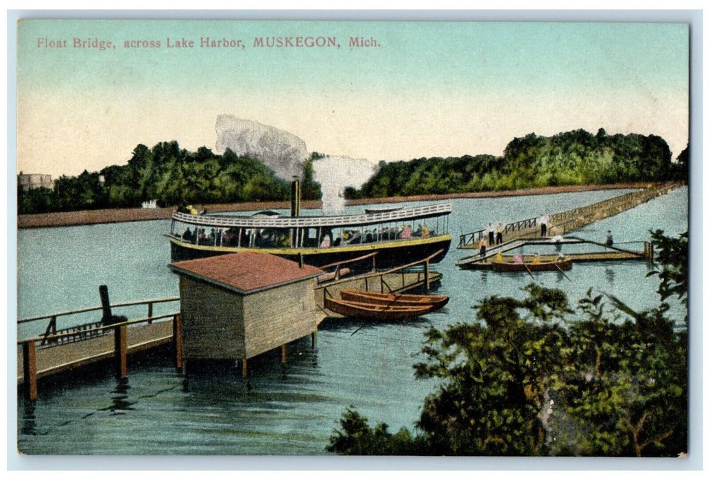 c1910's Float Bridge Across Lake Harbor Boat Muskegon Michigan MI Postcard