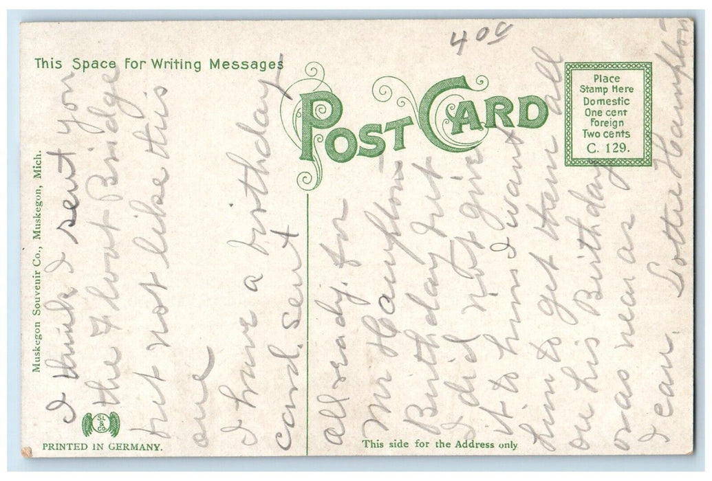 c1910's Float Bridge Across Lake Harbor Boat Muskegon Michigan MI Postcard
