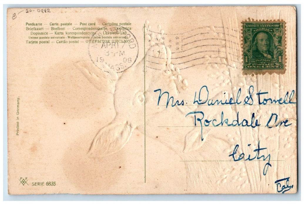 1908 Easter Deer Eating Pipe Berry Fence Embossed New Bedford MA Posted Postcard