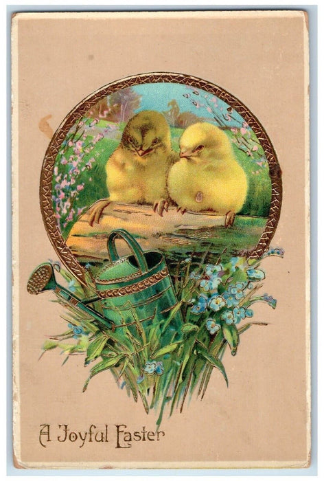 Easter Joy Chicks Watering Plants Pansies Flowers Gel Gold Gilt Nash Postcard