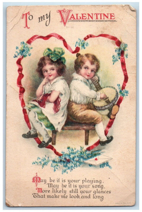 c1910's Valentine Children Playing Banjo Heart Pansies Flowers Wolf Postcard