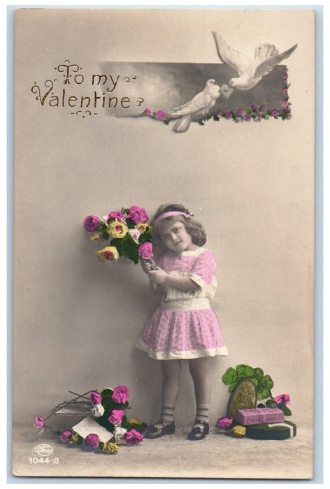 c1910's Valentine Little Girl Flowers Clover Dove Unposted Antique Postcard