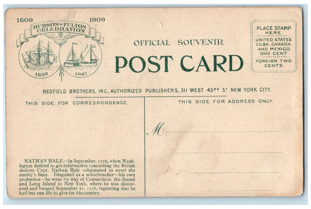 1909 Hudson Fulton Celebration Commission Float Nathan Hale New York NY Postcard
