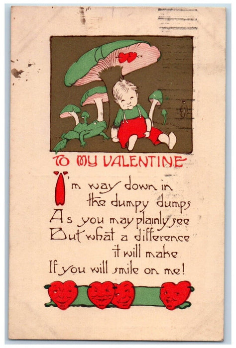 c1910's Valentine Hearts Boy Mushroom Rust Craft Arts Crafts Antique Postcard