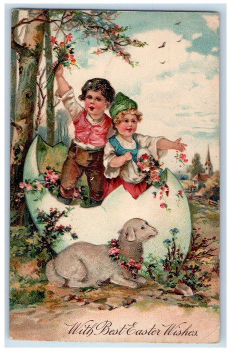 c1910's Easter Wishes Children In Hatched Egg Lamb Embossed Antique Postcard