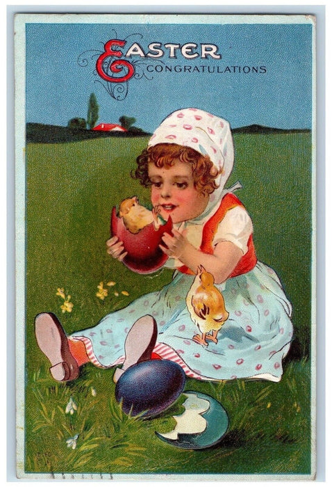 c1910's Easter Congratulations Little Girl Holding Hatched Egg Chicks Postcard