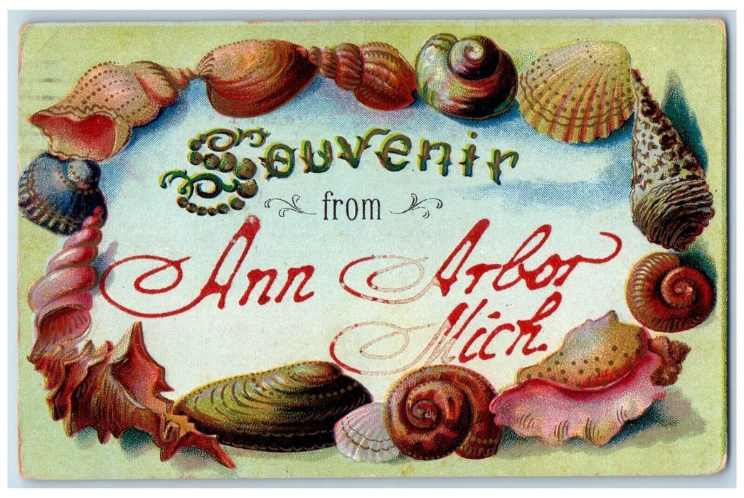 1909 Souvenir From Ann Arbon Michigan MI Seashell Embossed Clam Vintage Postcard