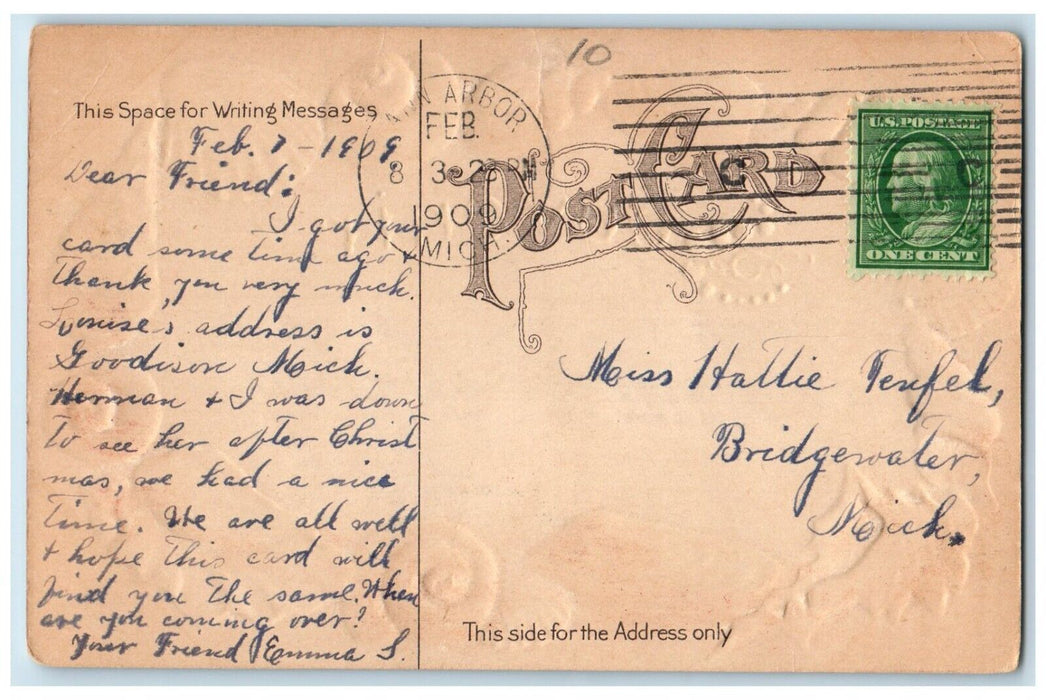 1909 Souvenir From Ann Arbon Michigan MI Seashell Embossed Clam Vintage Postcard