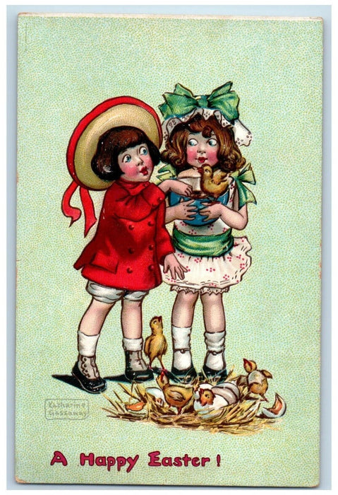 c1910's Easter Girls Hatched Egg Chicks Katharine Gassaway Embossed Postcard