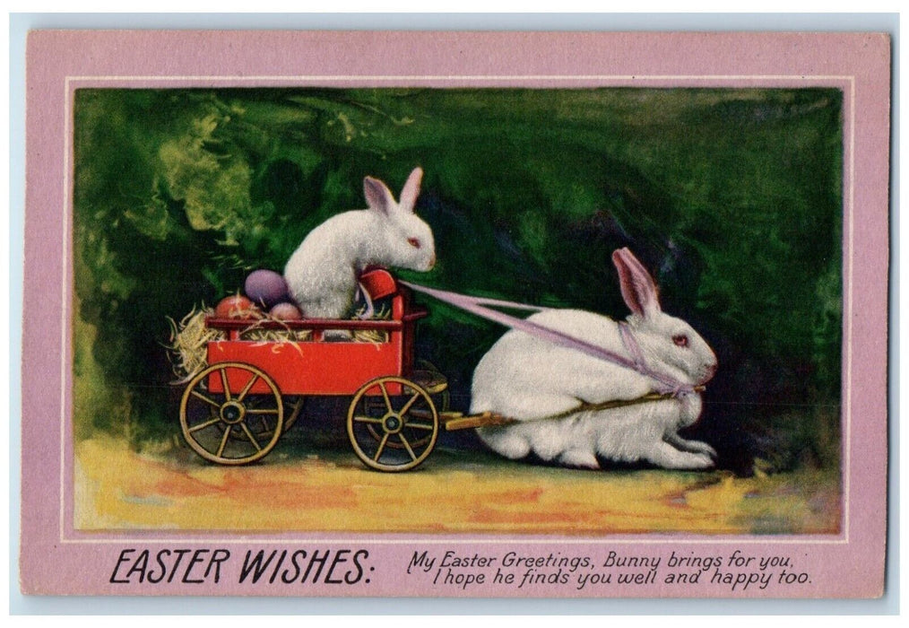 c1910's Easter Greetings Bunny Rabbit Pulling Wagon With Eggs Antique Postcard