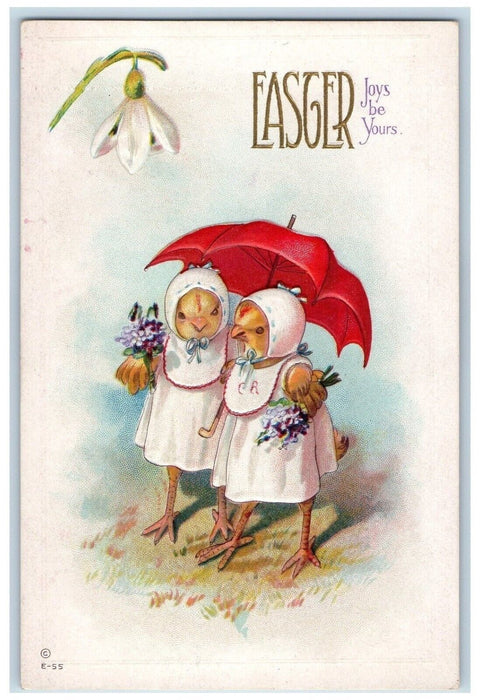 c1910's Easter Anthropomorphic Chicks Umbrella Pansies Flowers Embossed Postcard