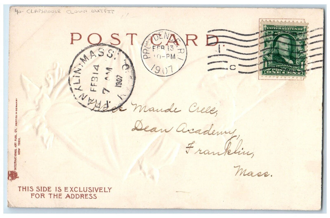 1907 Valentine Girl Clown Outfit Clapsaddle Embossed Providence RI Postcard