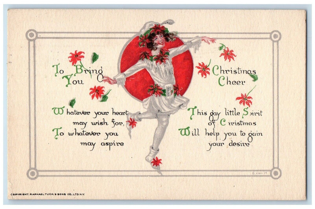 1919 Christmas Girl Poinsettia Flowers Tied Seal Tuck's Posted Antique Postcard