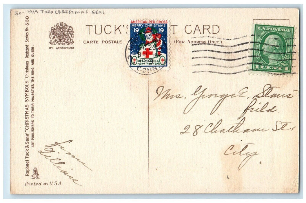 1919 Christmas Girl Poinsettia Flowers Tied Seal Tuck's Posted Antique Postcard