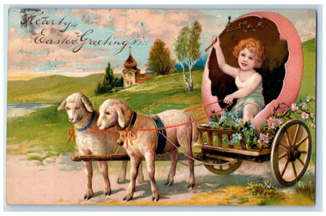 Easter Greetings Girl In Hatched Egg Pulling Lamb Pansies Embossed Postcard