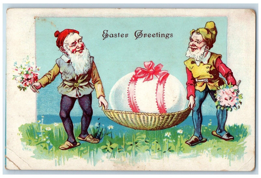 c1910's Easter Greetings Gnomes With Basket Giant Egg Flowers Embossed Postcard