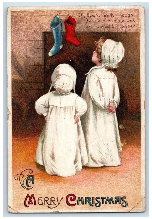 Christmas Children Hanging Stockings Ellen Clapsaddle Artist Signed Postcard