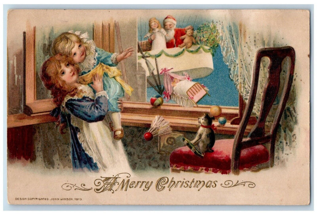 Christmas Santa Claus Giving Toys John Wrinsch Artist Signed Airship Postcard