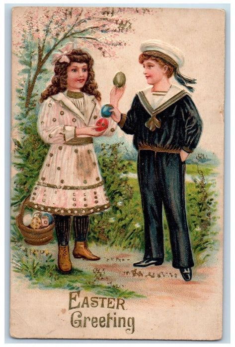 c1910's Easter Greetings Children Collecting Eggs Embossed Antique Postcard