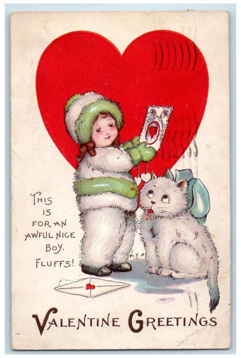 1935 Valentine Greetings Little Girl Cat Heart Letter Embossed Vintage Postcard