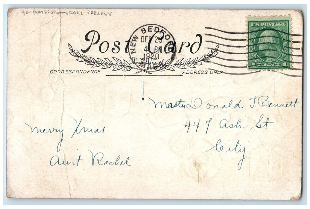 1920 Christmas Girl Anthropomorphic Present Embossed New Bedford MA Postcard
