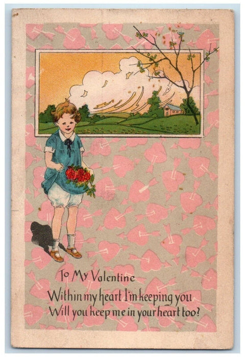 1929 Valentine Hearts Woman Flowers Arts Crafts House Posted Antique Postcard
