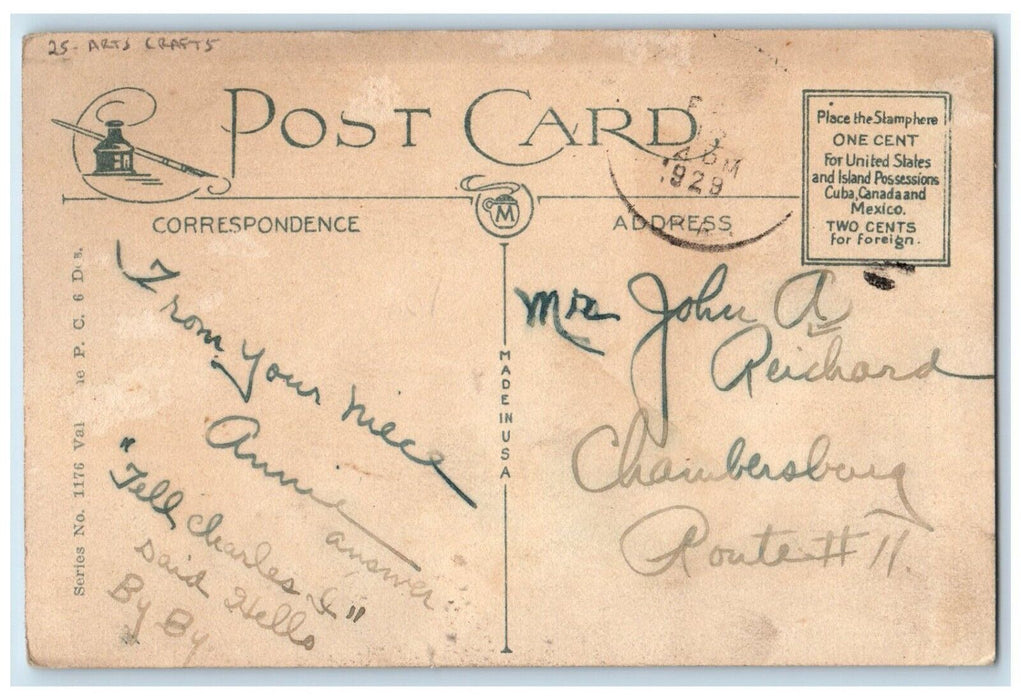 1929 Valentine Hearts Woman Flowers Arts Crafts House Posted Antique Postcard
