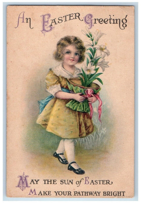 Easter Greetings Girl Holding Pot Of Lilies Flowers New London CT Wolf Postcard