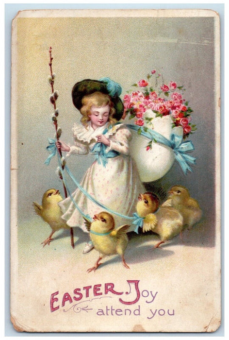 1910 Easter Girl Carrying Hatched Egg Flowers Roses Chicks Clapsaddle Postcard