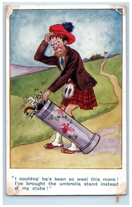 c1910's Gay Feather Hat Sweating Golfing Humor Glasgow Scotland UK Postcard