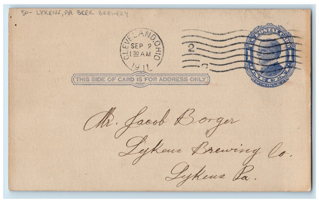 1911 Beer Brewery Lykens Pennsylvania PA Cleveland Ohio OH Postal Card