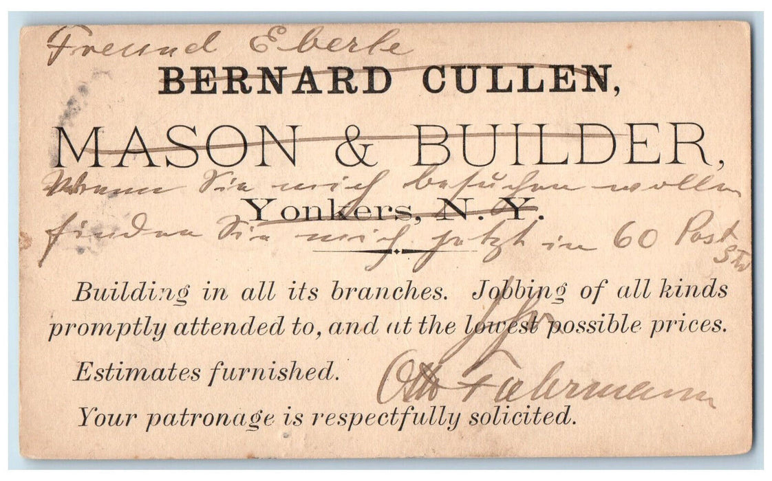1901 Bernard Cullen Mason & Builder Chas Eberle Yonkers NY Postal Card