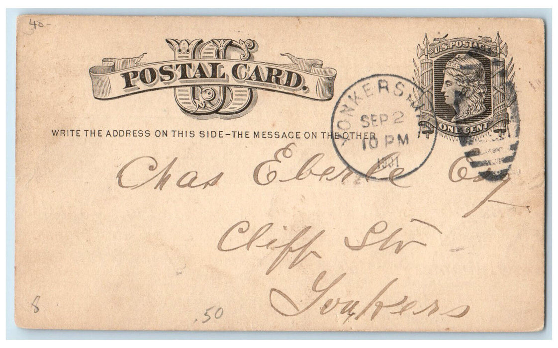 1901 Bernard Cullen Mason & Builder Chas Eberle Yonkers NY Postal Card