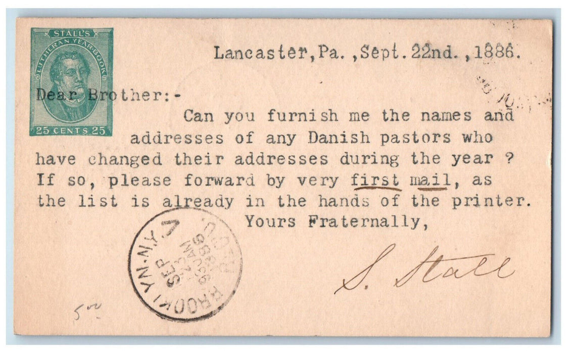 1886 Furnish Danish Pastors Name Addresses Lancaster PA Brooklyn NY Postal Card