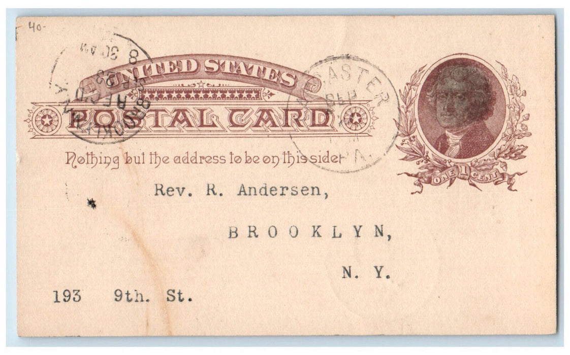 1886 Furnish Danish Pastors Name Addresses Lancaster PA Brooklyn NY Postal Card