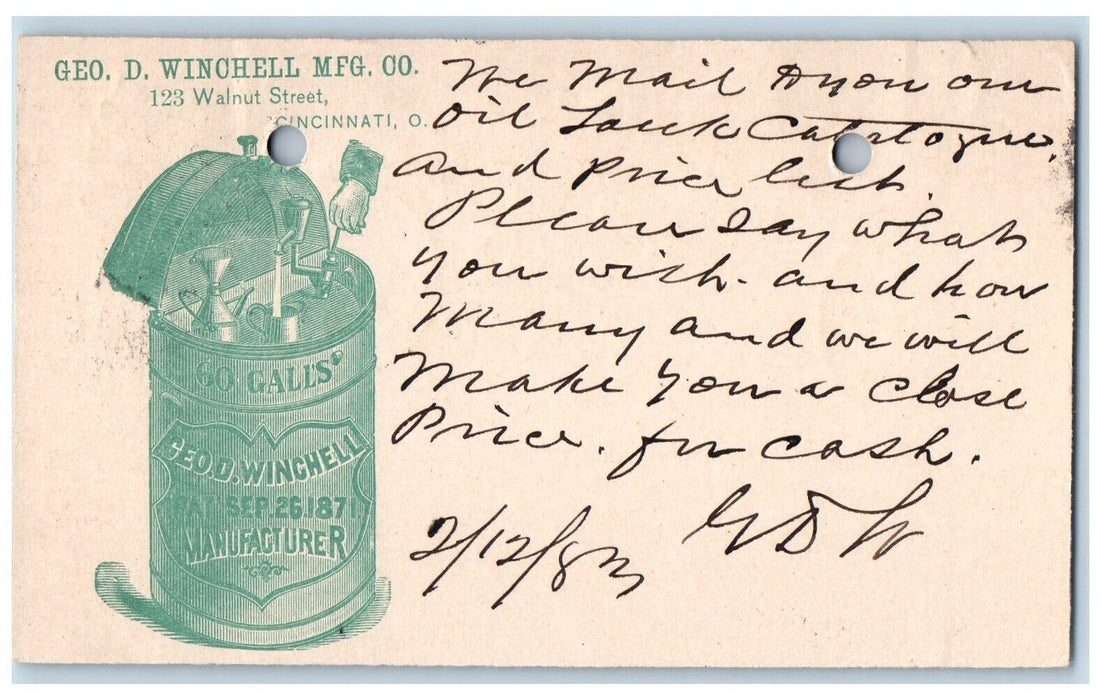 1883 Geo. D. Winchell Manufacturing Co. Cincinnati Ohio OH Postal Card