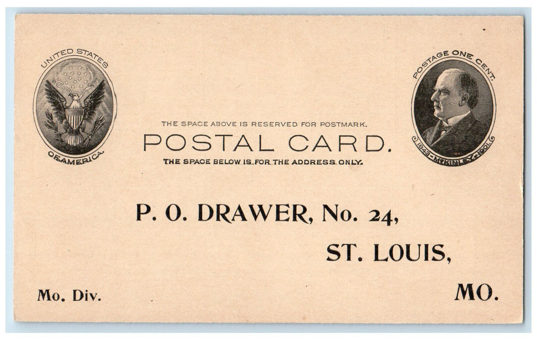 c1880's P.O. Drawer No. 24 St. Louis Missouri MO Antique Postal Card